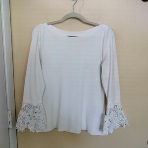 INC International Concepts Lace Cuff Bell Sleeves L White Knit Sweater Office